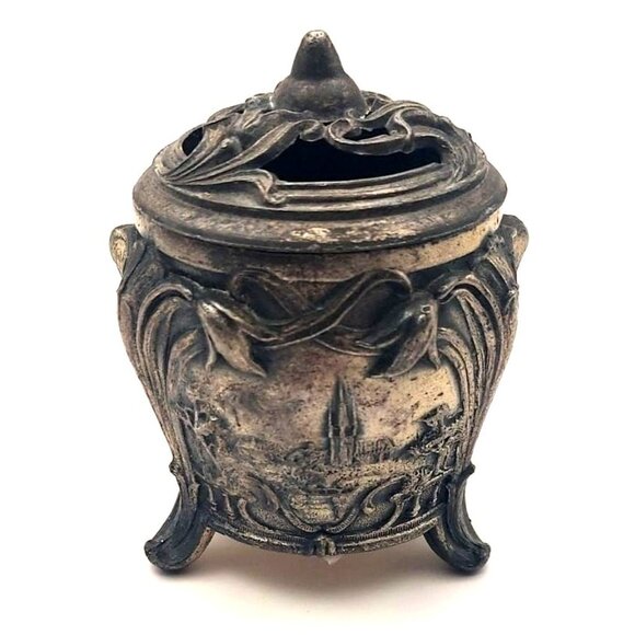 Vintage Pewter Pastoral Trinket Dish 3 Legs w/ Lid Jewelry - Picture 4 of 11